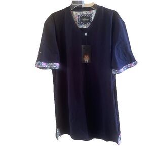 New Maczoo Navy Blue V Neck Tee Shirt With Graphic Trim and Button Sleeves 4/L